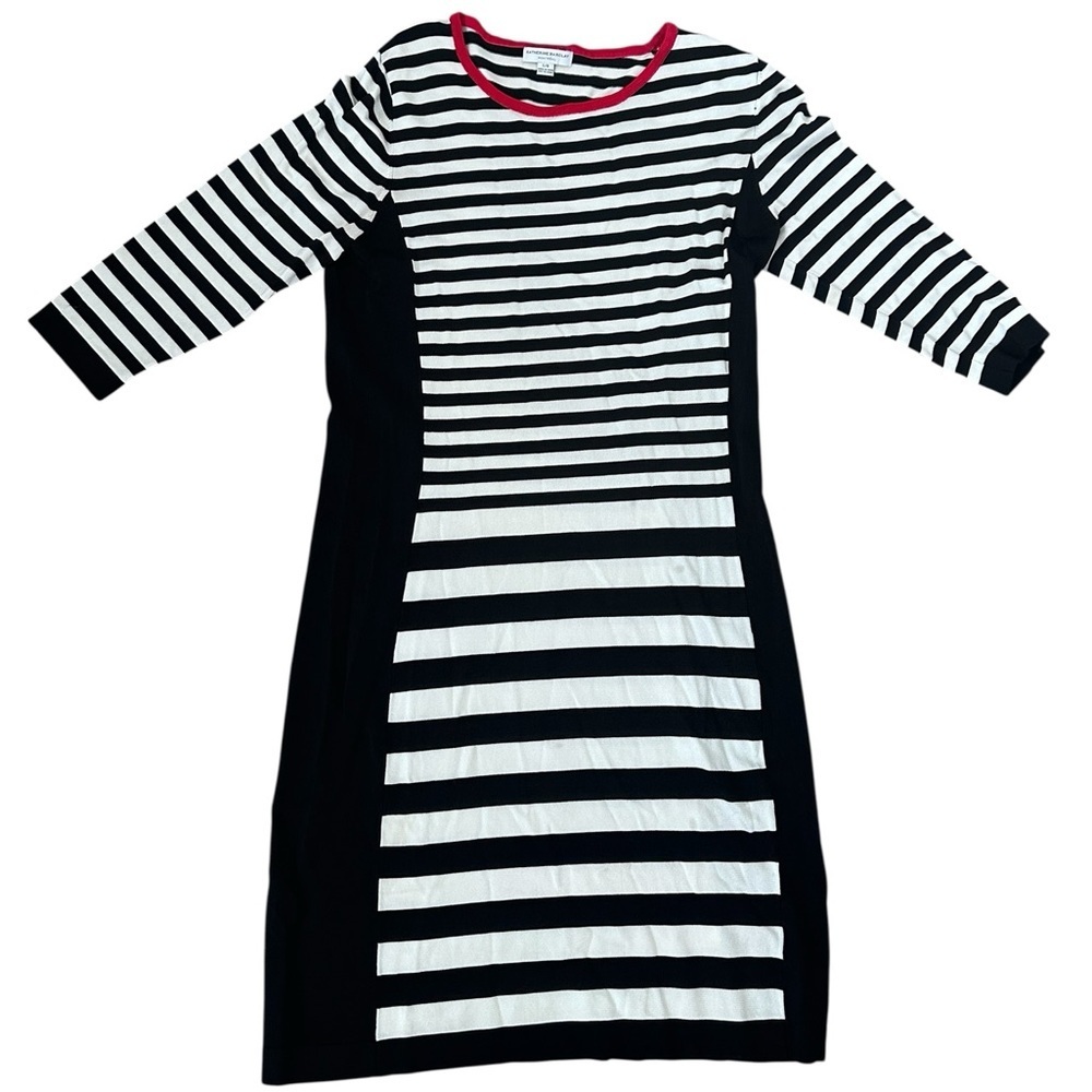 Katherine Barclay Midlength 3/4 sleeve sheath dress Stripes black white red